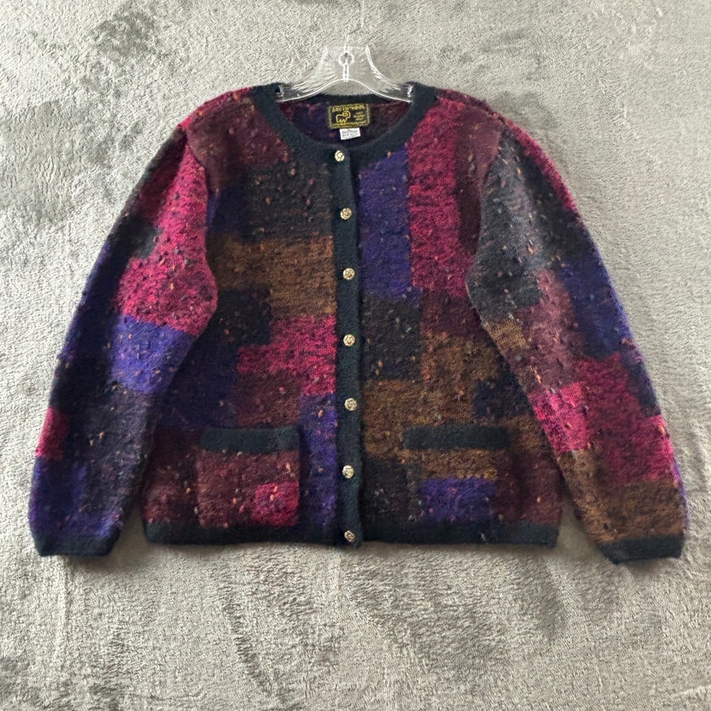 South Wool Hand Knit Wool Cardigan Sweater Womens L Multi Color Patchwork Button